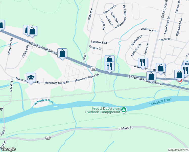 map of restaurants, bars, coffee shops, grocery stores, and more near 824 Benjamin Franklin Highway in Douglassville