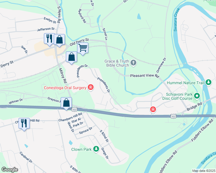 map of restaurants, bars, coffee shops, grocery stores, and more near 8301 Presidents Drive in Hummelstown