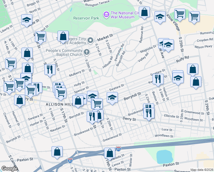 map of restaurants, bars, coffee shops, grocery stores, and more near 2008 Rudy Road in Harrisburg