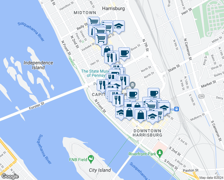 map of restaurants, bars, coffee shops, grocery stores, and more near in Harrisburg