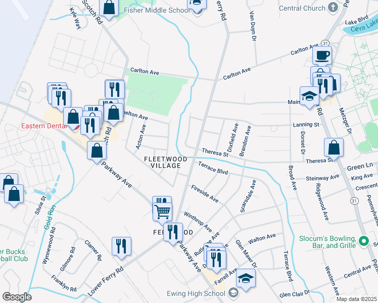 map of restaurants, bars, coffee shops, grocery stores, and more near 3 Great Woods Drive in Ewing Township