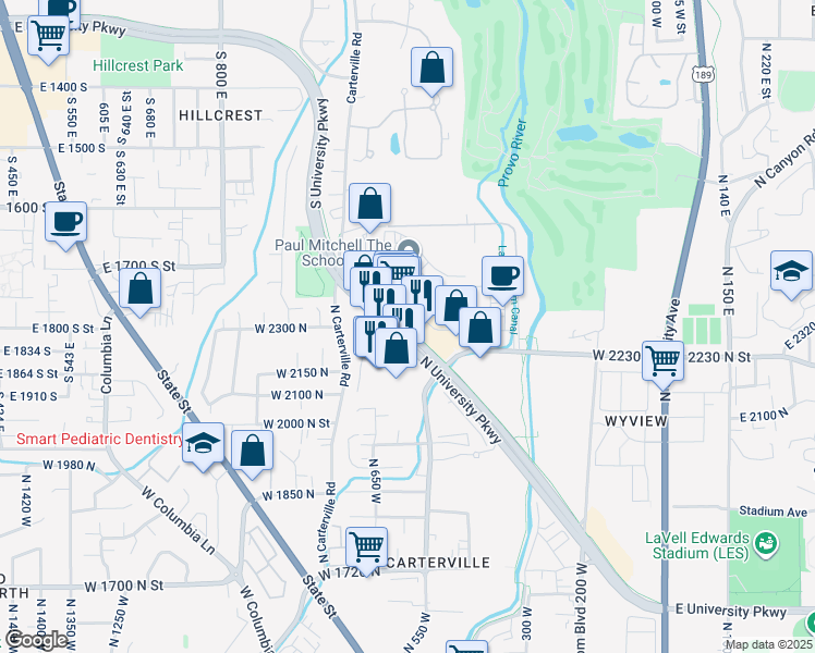 map of restaurants, bars, coffee shops, grocery stores, and more near 2300 North University Parkway in Provo