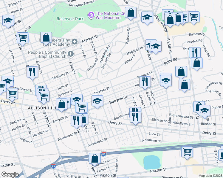 map of restaurants, bars, coffee shops, grocery stores, and more near 2147 Swatara Street in Harrisburg