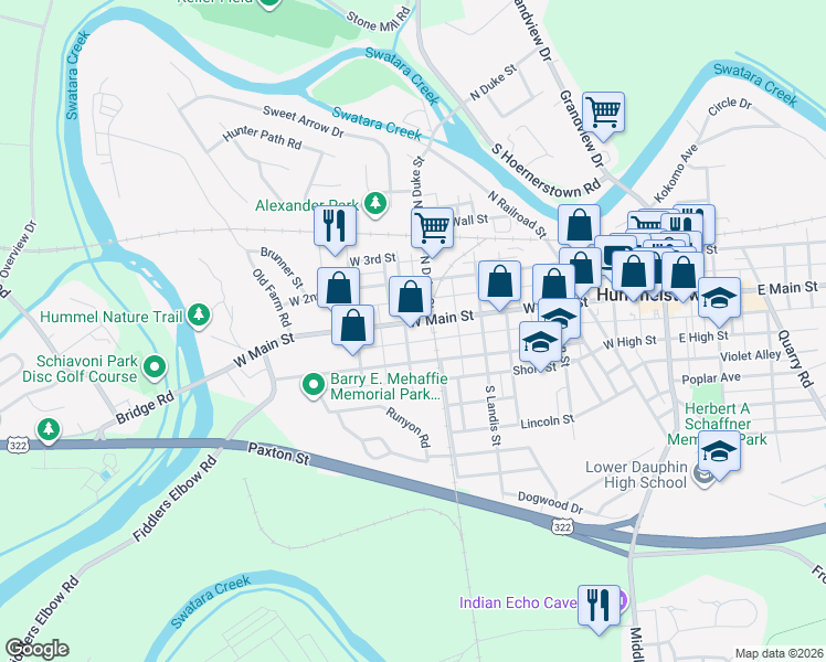 map of restaurants, bars, coffee shops, grocery stores, and more near 415 West Main Street in Hummelstown