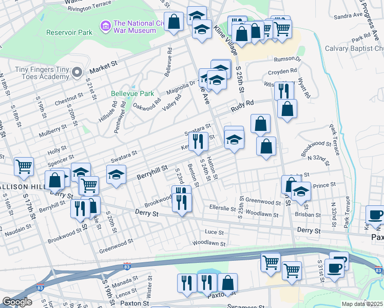 map of restaurants, bars, coffee shops, grocery stores, and more near 2352 Berryhill Street in Harrisburg