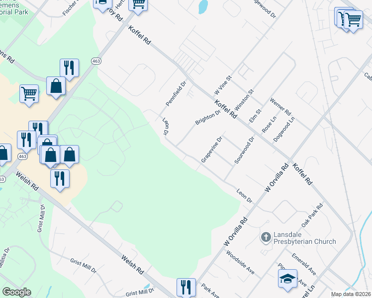 map of restaurants, bars, coffee shops, grocery stores, and more near 1627 Leon Dr in Hatfield