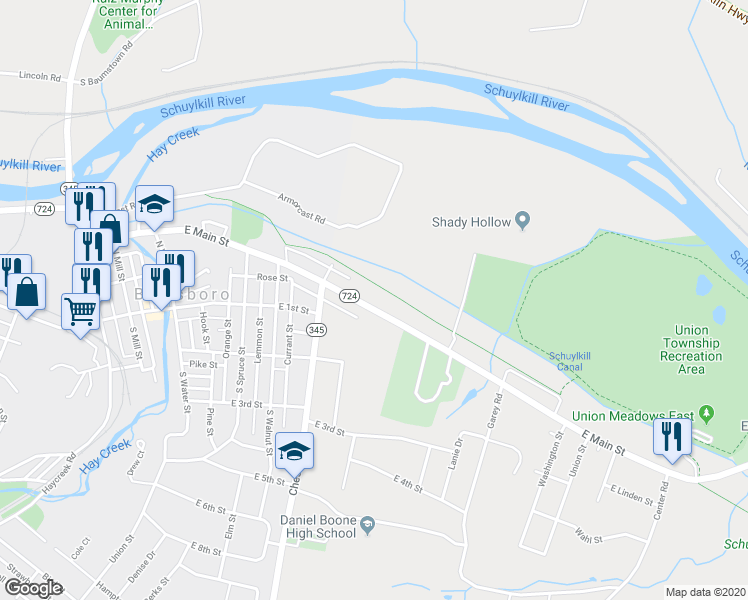 map of restaurants, bars, coffee shops, grocery stores, and more near 865 East Main Street in Birdsboro