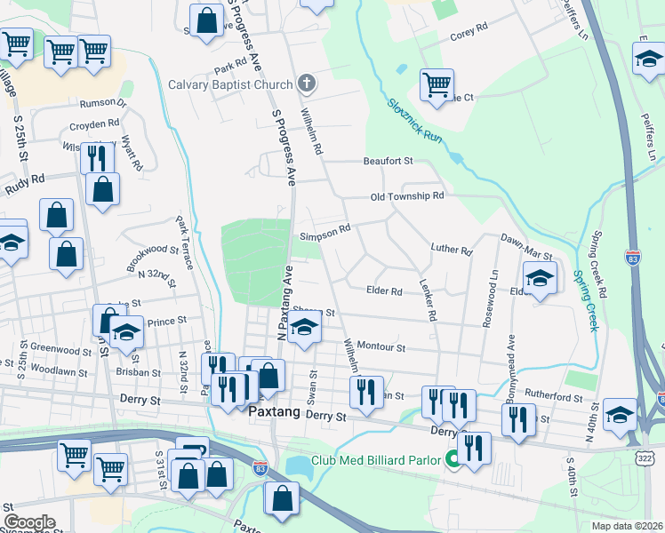 map of restaurants, bars, coffee shops, grocery stores, and more near 611 Georgian Place in Harrisburg