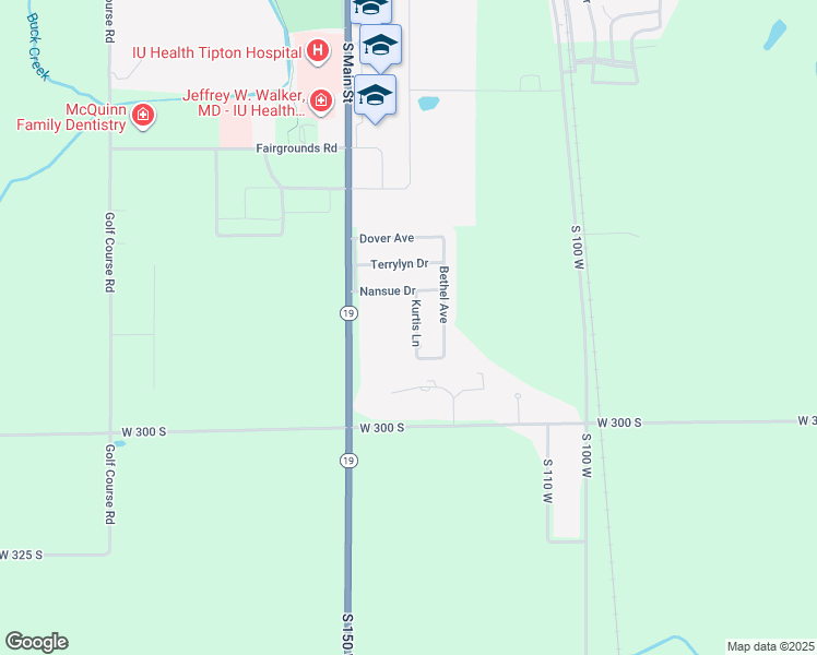 map of restaurants, bars, coffee shops, grocery stores, and more near 1604 Kurtis Lane in Tipton