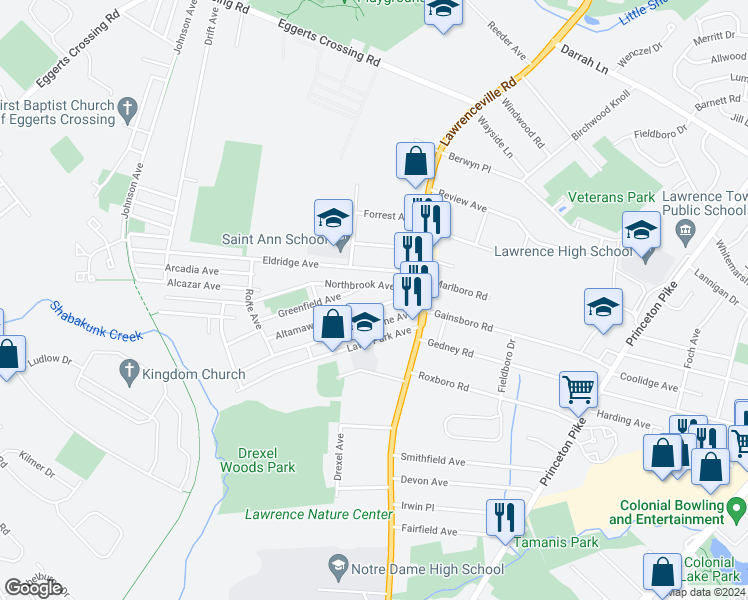 map of restaurants, bars, coffee shops, grocery stores, and more near 48 Altamawr Avenue in Lawrence Township