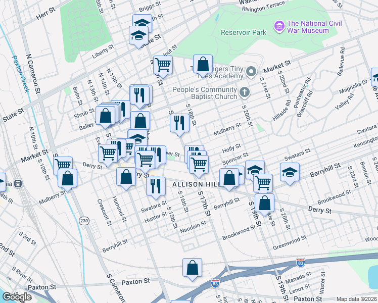 map of restaurants, bars, coffee shops, grocery stores, and more near 209 S 17th St in Harrisburg