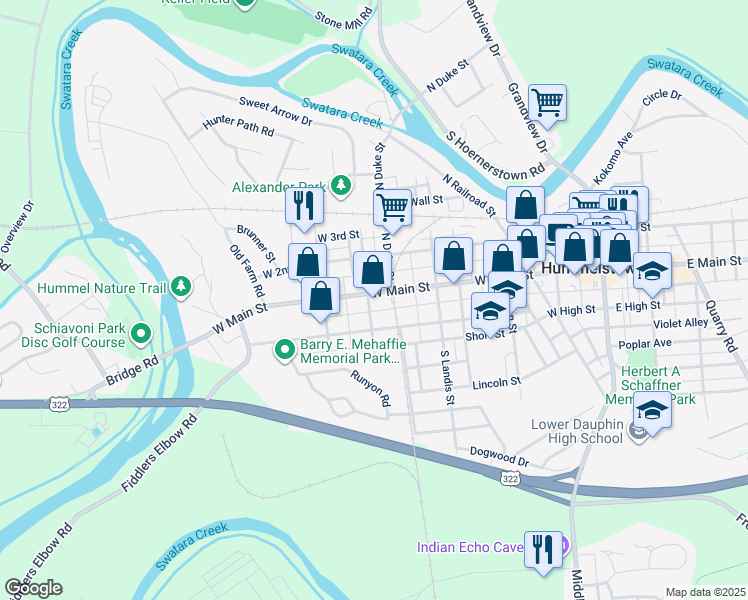 map of restaurants, bars, coffee shops, grocery stores, and more near 415 West Main Street in Hummelstown