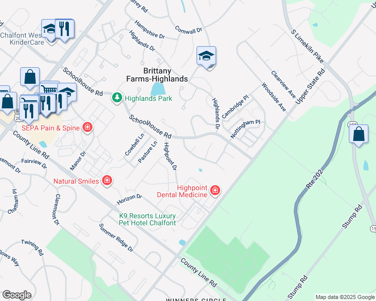 map of restaurants, bars, coffee shops, grocery stores, and more near 336 Glennbrook Way in Chalfont