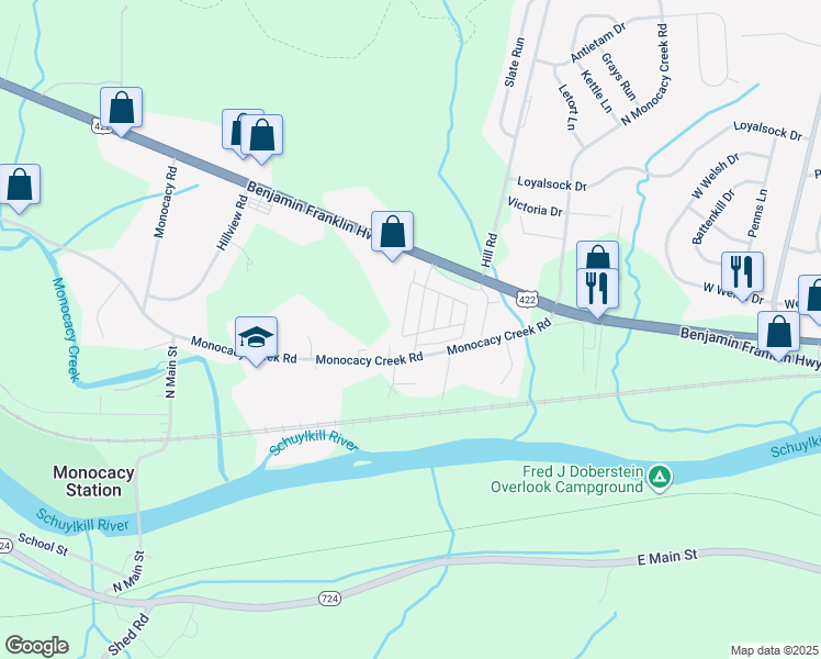 map of restaurants, bars, coffee shops, grocery stores, and more near 89 Valley View Road in Birdsboro