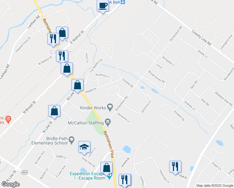 map of restaurants, bars, coffee shops, grocery stores, and more near Cricklewood Circle in Lansdale