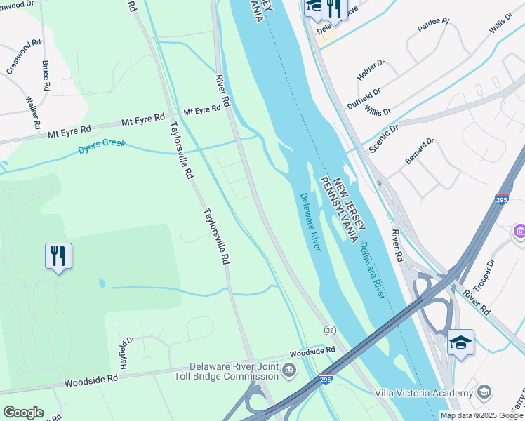 map of restaurants, bars, coffee shops, grocery stores, and more near 202 River Road in Washington Crossing