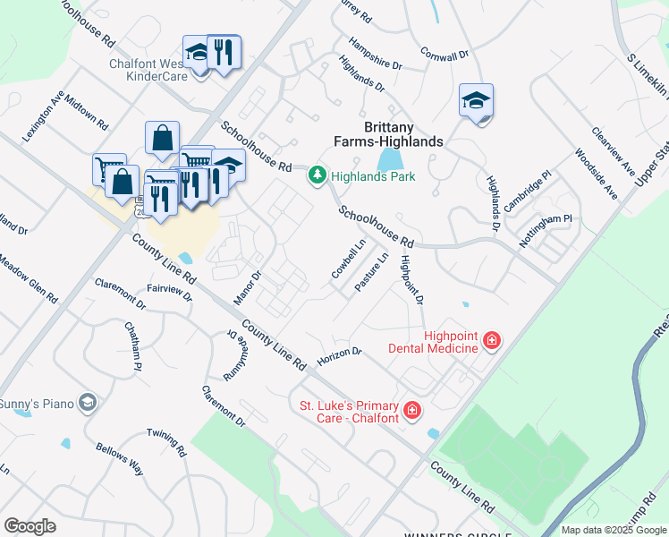 map of restaurants, bars, coffee shops, grocery stores, and more near 94 Cowbell Lane in Chalfont