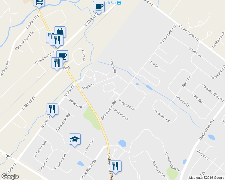 map of restaurants, bars, coffee shops, grocery stores, and more near 399 Cricklewood Circle in Lansdale