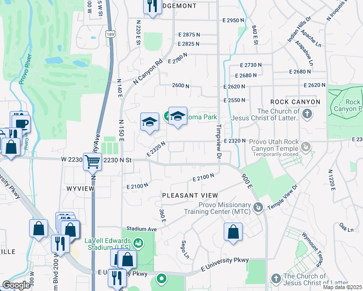 map of restaurants, bars, coffee shops, grocery stores, and more near 2295 North 470 East Street in Provo