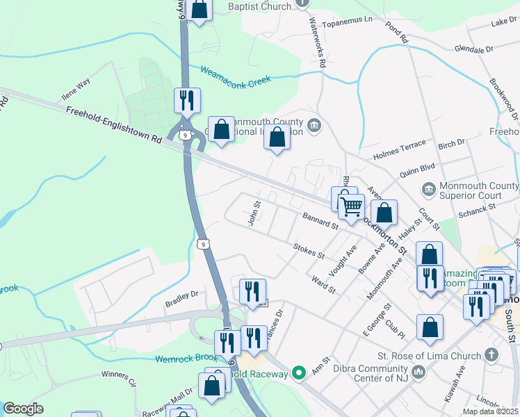 map of restaurants, bars, coffee shops, grocery stores, and more near 4 John Street in Freehold