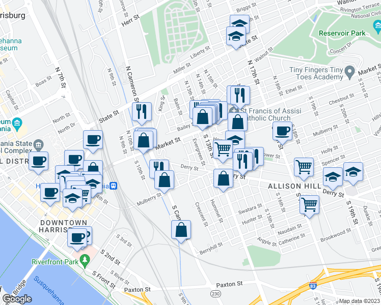 map of restaurants, bars, coffee shops, grocery stores, and more near 1206 Chestnut Street in Harrisburg