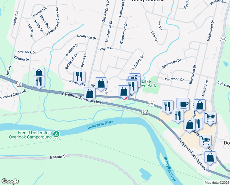 map of restaurants, bars, coffee shops, grocery stores, and more near 11 Heather Court in Douglassville