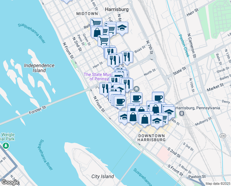 map of restaurants, bars, coffee shops, grocery stores, and more near 231 North Street in Harrisburg