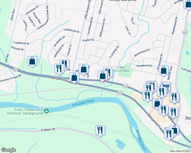 map of restaurants, bars, coffee shops, grocery stores, and more near 11 Heather Court in Douglassville