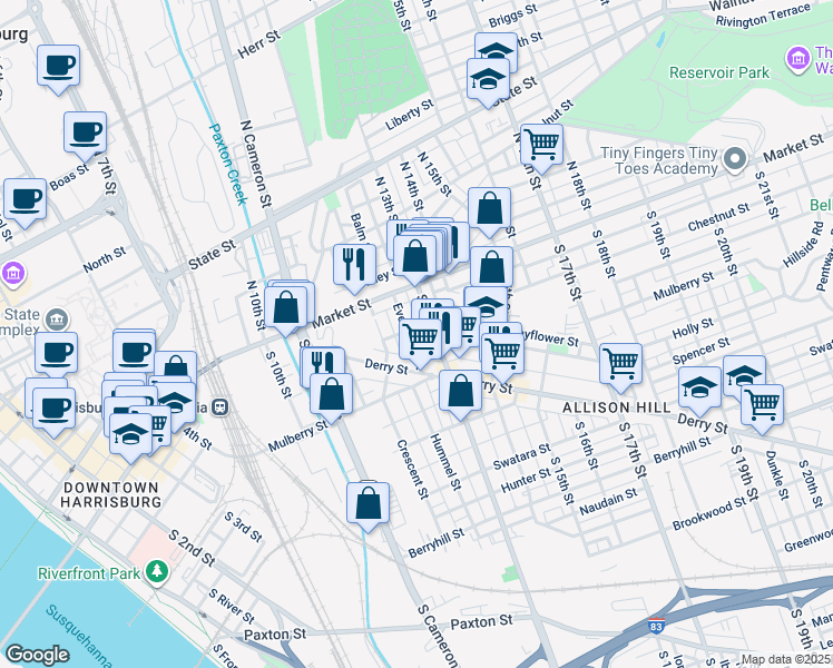 map of restaurants, bars, coffee shops, grocery stores, and more near 1235 Chestnut Street in Harrisburg