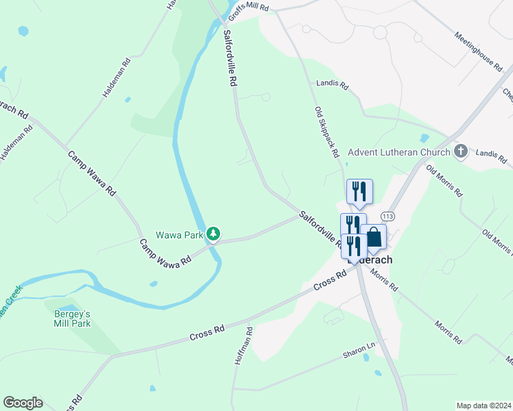map of restaurants, bars, coffee shops, grocery stores, and more near 611 Salfordville Road in Harleysville