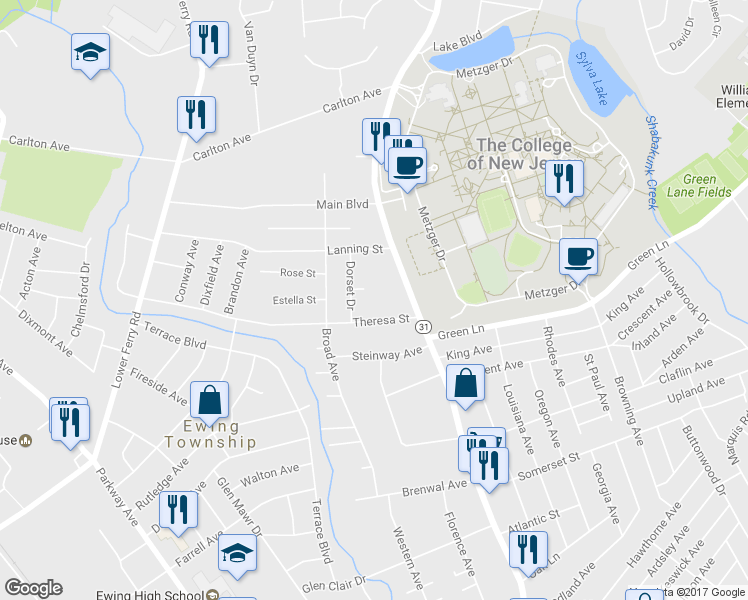 map of restaurants, bars, coffee shops, grocery stores, and more near 8 Jones Court in Trenton