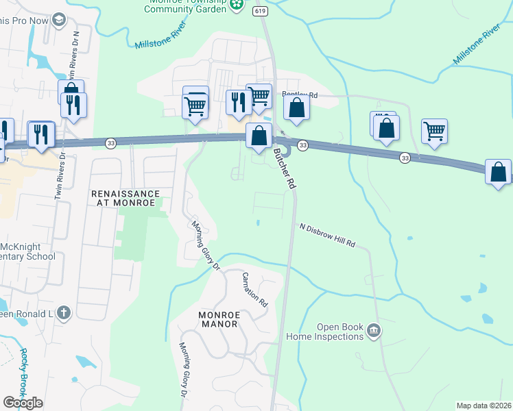 map of restaurants, bars, coffee shops, grocery stores, and more near 30 Wisteria Court in Monroe Township
