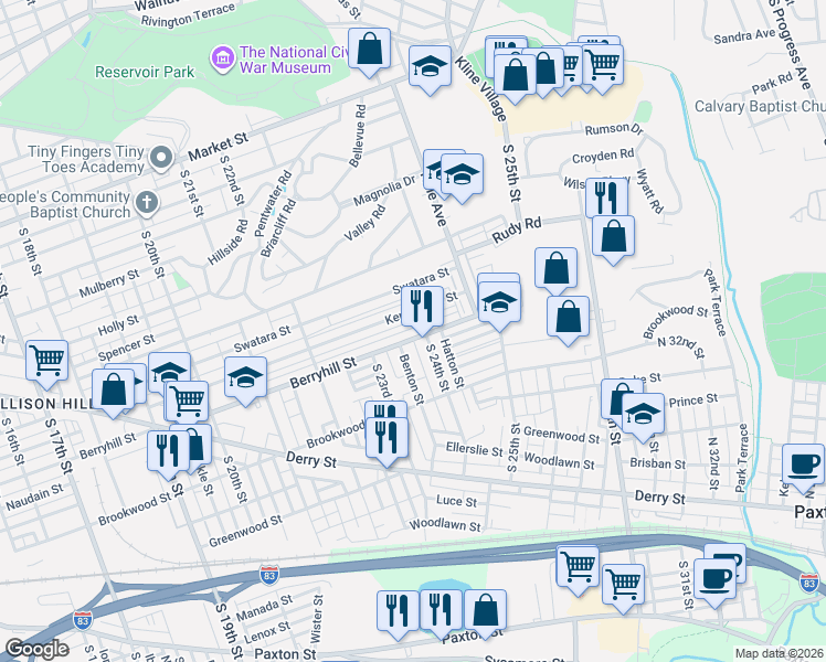 map of restaurants, bars, coffee shops, grocery stores, and more near 2358 Berryhill Street in Harrisburg