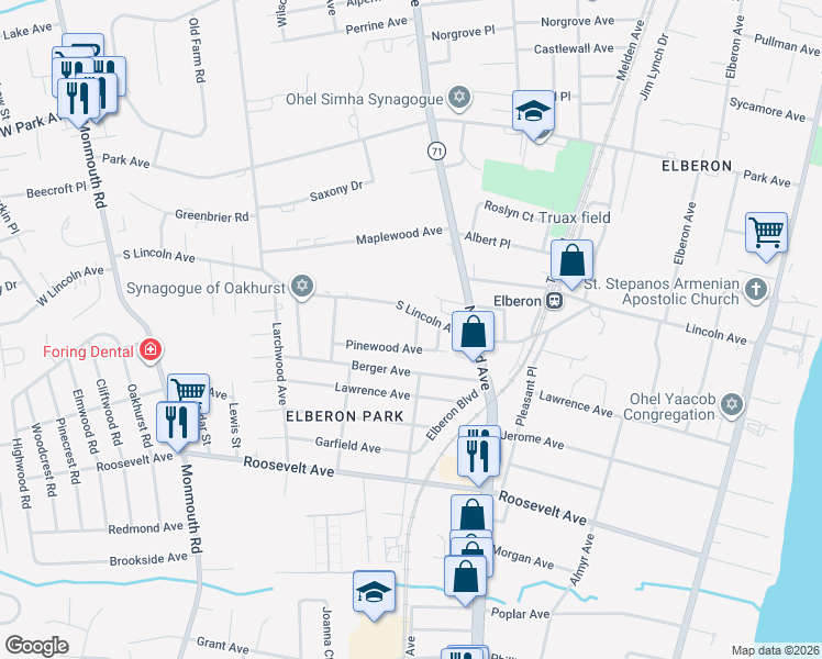 map of restaurants, bars, coffee shops, grocery stores, and more near 3 Oakwood Avenue in Monmouth County