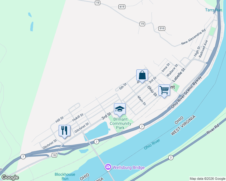 map of restaurants, bars, coffee shops, grocery stores, and more near 1012 Hyland Street in Brilliant