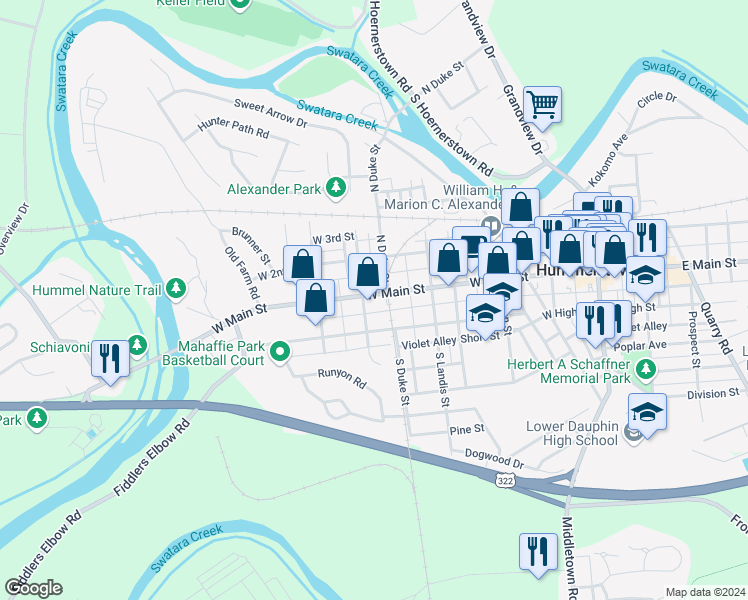 map of restaurants, bars, coffee shops, grocery stores, and more near 415 West Main Street in Hummelstown