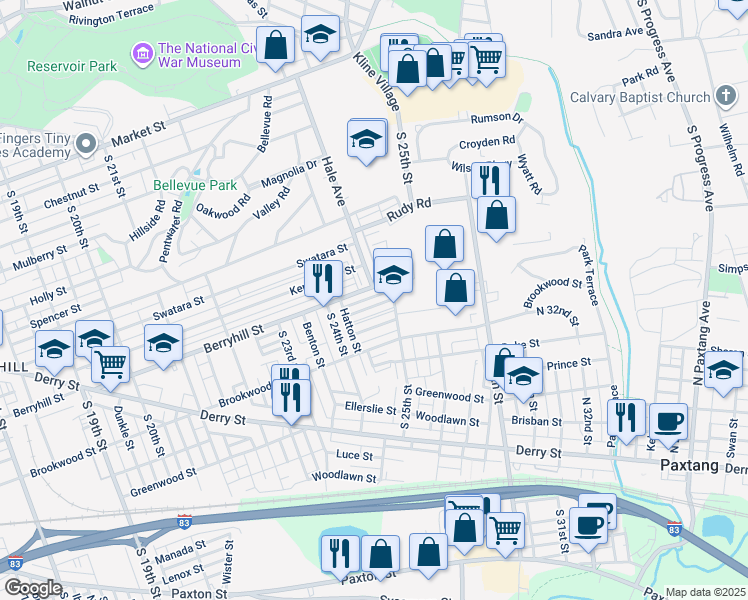 map of restaurants, bars, coffee shops, grocery stores, and more near 2458 Adrian Street in Harrisburg