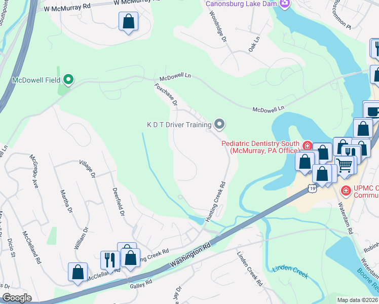 map of restaurants, bars, coffee shops, grocery stores, and more near 163 Foxchase Drive in Canonsburg