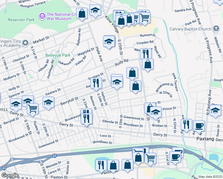 map of restaurants, bars, coffee shops, grocery stores, and more near 2458 Adrian Street in Harrisburg