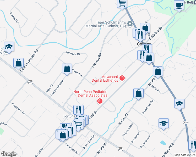 map of restaurants, bars, coffee shops, grocery stores, and more near 2240 West Walnut Street in Colmar