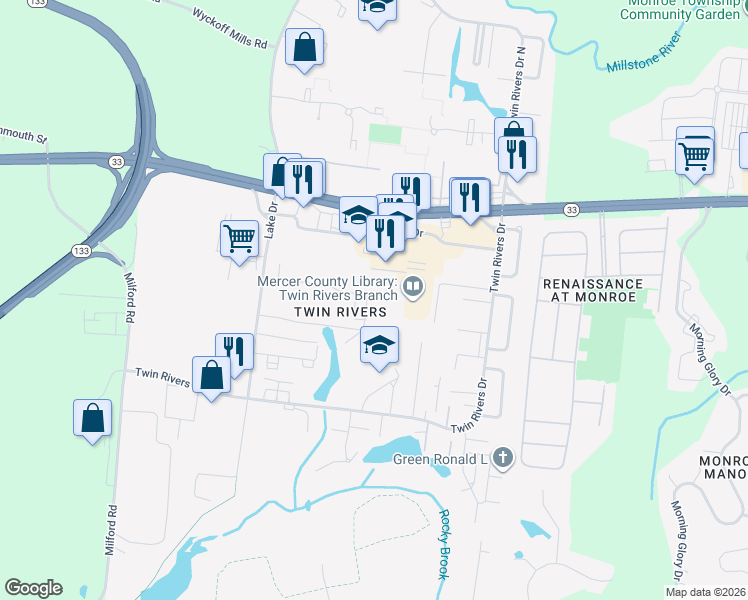 map of restaurants, bars, coffee shops, grocery stores, and more near 116 Bennington Drive in East Windsor