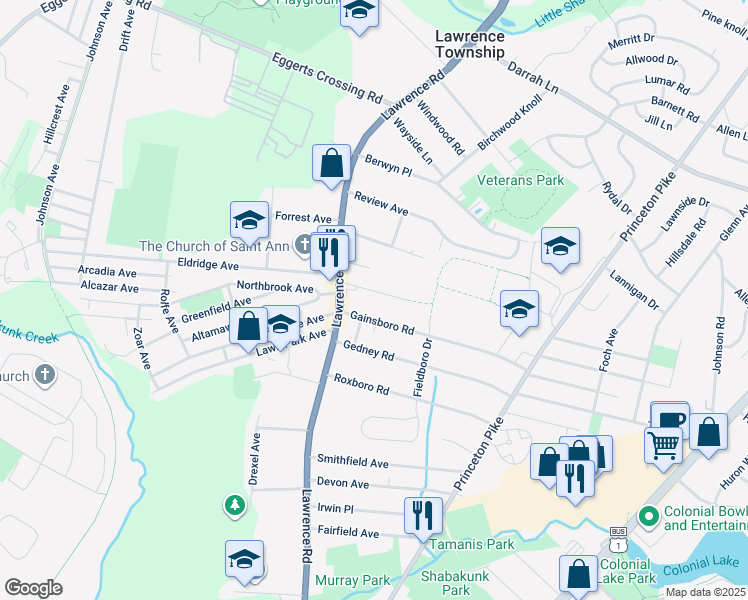 map of restaurants, bars, coffee shops, grocery stores, and more near 155 Marlboro Rd in Lawrence Township