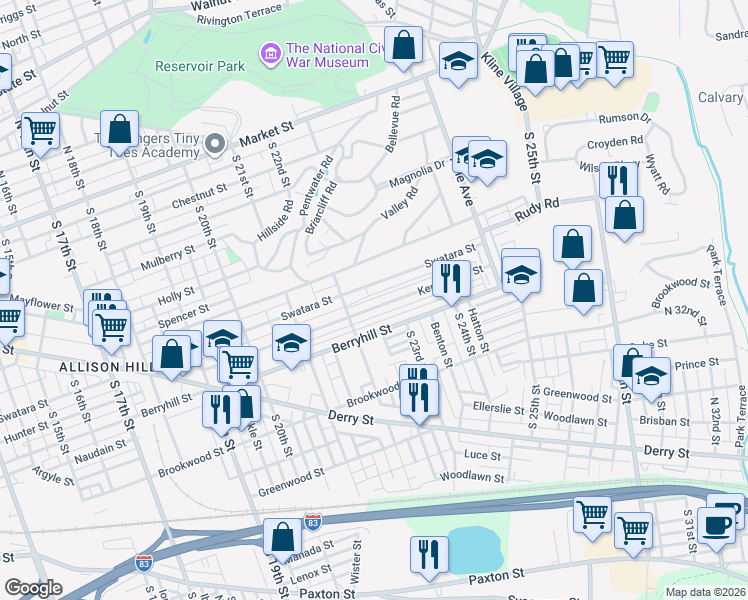 map of restaurants, bars, coffee shops, grocery stores, and more near 2236 Mc Cleaster Street in Harrisburg