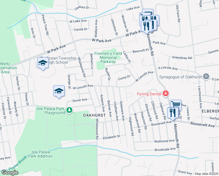 map of restaurants, bars, coffee shops, grocery stores, and more near 496 West Lincoln Avenue in Avon-by-the-Sea