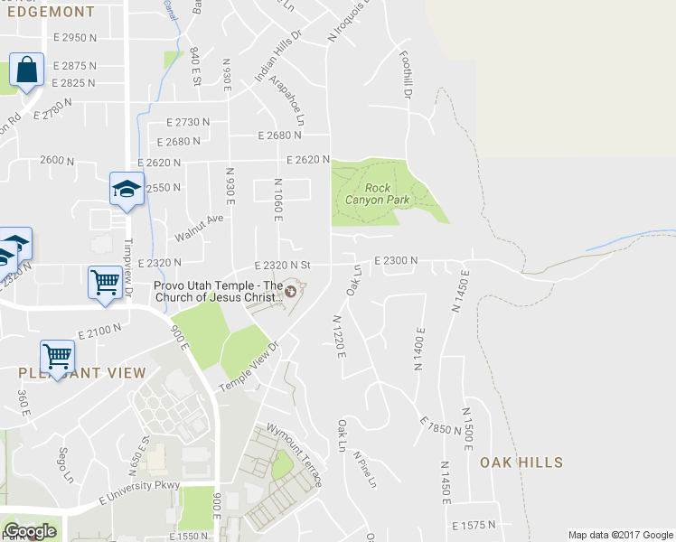 map of restaurants, bars, coffee shops, grocery stores, and more near 2276 Temple View Drive in Provo