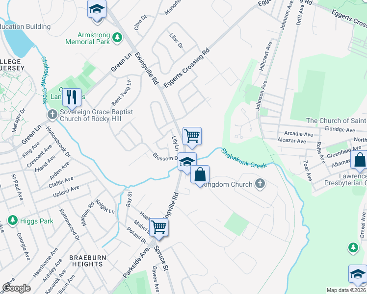 map of restaurants, bars, coffee shops, grocery stores, and more near 223 Ewingville Road in Trenton