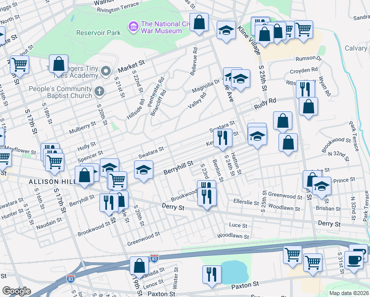 map of restaurants, bars, coffee shops, grocery stores, and more near 2236 Mc Cleaster Street in Harrisburg
