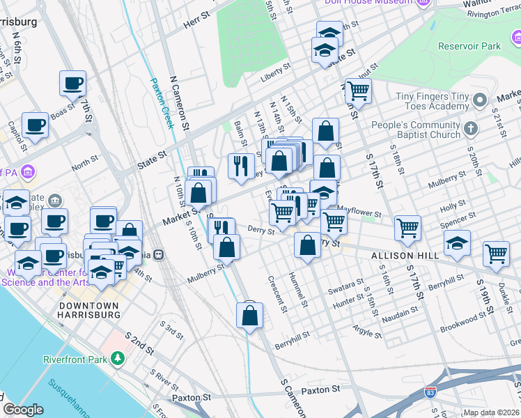 map of restaurants, bars, coffee shops, grocery stores, and more near 1101 Market Street in Harrisburg