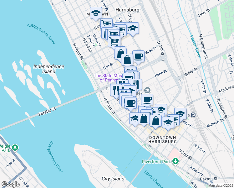 map of restaurants, bars, coffee shops, grocery stores, and more near 717A North 2nd Street in Harrisburg