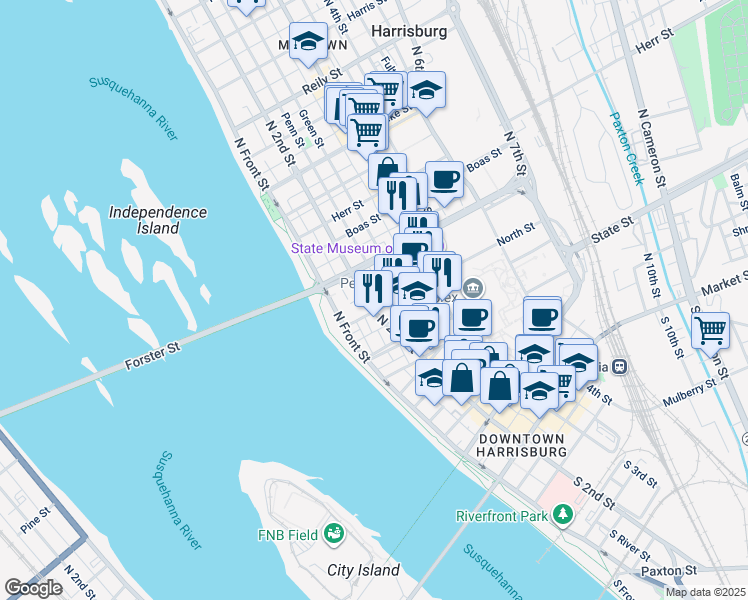map of restaurants, bars, coffee shops, grocery stores, and more near 717A North 2nd Street in Harrisburg